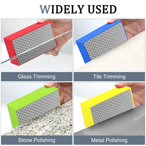 Four Piece Diamond Hand Polishing Pads Set with Sanding Block Kit for polishing glass, tile, stone, and metal, various colors.
