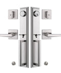 Silver Satin Nickel Front Entry Handleset With Keyed Lockset And Dummy Lever For French Doors, Tough As Nails Exterior Lockset.