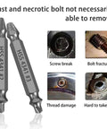 5-Piece HSS Screw Extractor Set For Damaged Screws And Bolts, Pro-Grade Drill Bit Kit with examples of screw break and bolt fracture