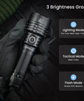 Gloved hand holding C8L Rechargeable Tactical Flashlight With 3100 Lumens Beast Mode Brightness And 531 Meter Throw