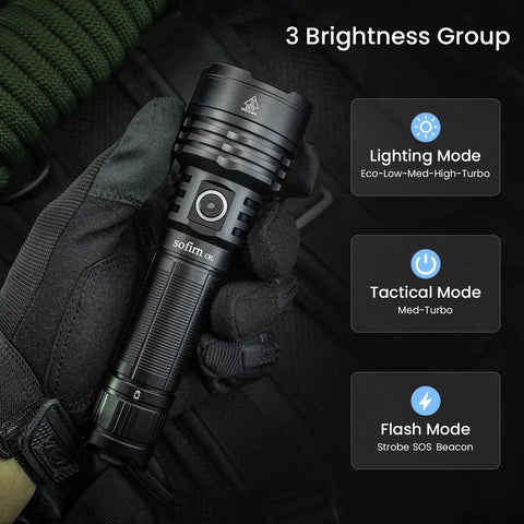 Gloved hand holding C8L Rechargeable Tactical Flashlight With 3100 Lumens Beast Mode Brightness And 531 Meter Throw