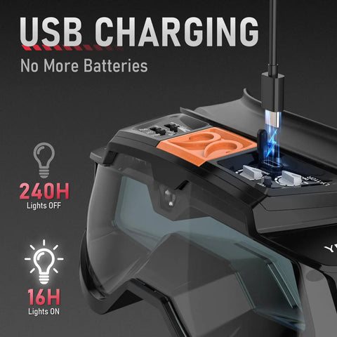Close-up of Auto Darkening Welding Goggles With Mask And LED Lighting Type-C Charge showing USB charging feature.