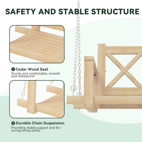 Cedar Wood Outdoor Pergola Swing Bench With Stand And Canopy Three Seat Patio Hammock Swing Set With Durable Metal Chains