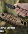 3.14 Inch D2 Fixed Blade Knife with burlap Micarta handle and sheath, held by hand, outdoor background, close-up view.