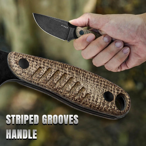 3.14 Inch D2 Fixed Blade Knife with burlap Micarta handle and sheath, held by hand, outdoor background, close-up view.