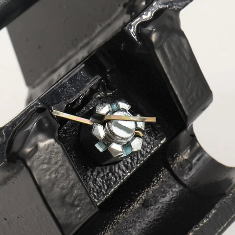 Close-up of Easy Hookup Quick Change Hitch For Mini Excavators Up To 3 Tons Universal Quick Coupler bolt detail in black metal.
