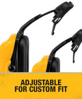 Side view of Dielectric Cap Mount Earmuff With Adjustable Extendable Arms Foldable For Comfort NRR 25 Yellow Earcups With Black Accents