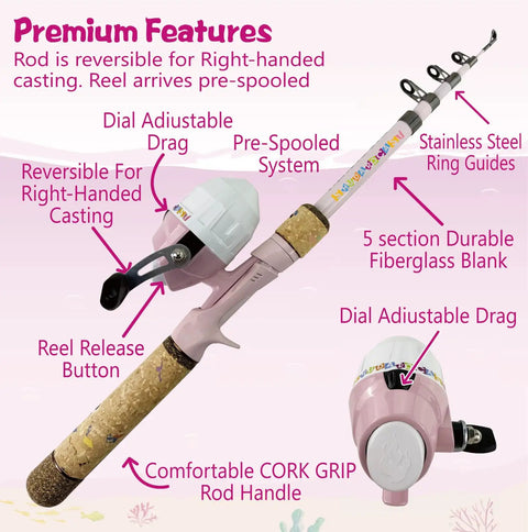 Kids Fishing Pole Set With Rod And Reel Combo Tackle Box Lures Net Bag Pink 59 Inch Sweet Starter Kit For Girls Beginners