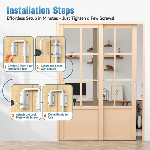 Installation steps for Updated Aluminum Alloy Patio Sliding Door Loop Lock in four illustrated steps on sliding door