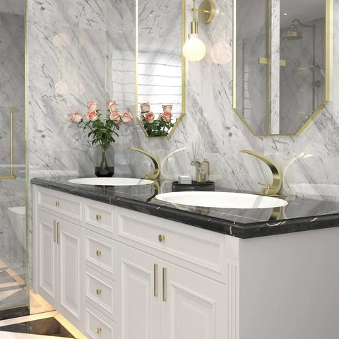 Brushed Gold Bathroom Faucet With Single Handle Basin Mixer For 1 Hole Or 3 Hole Mount Includes 6-Inch And 10-Inch Deck Plate Sleek Easy Install For Modern Vanity Sink on marble top with dual sinks