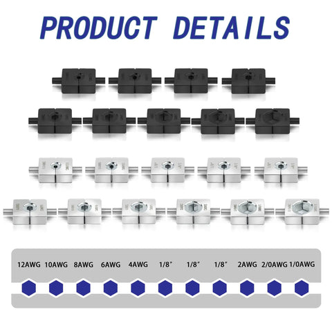 20 interchangeable dies for Cordless Hydraulic Cable Crimper For 12AWG To 2/0AWG Wire, showing sizes from 12AWG to 2/0AWG.