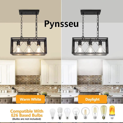 Industrial Kitchen Island Pendant Lighting Rectangular Vintage Rustic Modern Farmhouse Three Light Hanging Fixture over kitchen