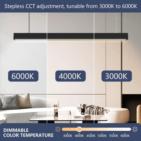 Top Shelf 4 Ft Linear Led Pendant Light With Smooth Remote Control Adjustable 3000K To 6000K Color Temperature displayed in dimmable settings.