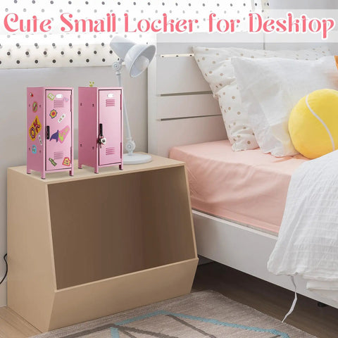 Fresh Pink Metal Mini Locker With Secure Lock And Keys Compact Desktop Organizer For Home Office Decor with fun decals on nightstand.