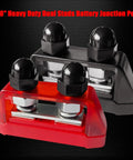Ridiculously Strong 3/8 Power Distribution Block Bus Bar Offering Dead Serious Two Hundred Fifty Amps And Dual M10 Studs in black and red.