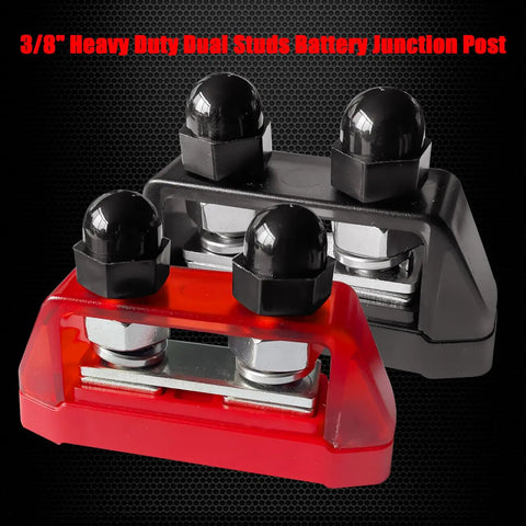 Ridiculously Strong 3/8 Power Distribution Block Bus Bar Offering Dead Serious Two Hundred Fifty Amps And Dual M10 Studs in black and red.