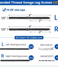20 Pack Black Cable Railing Lag Screws Kit For Wood Posts With Left And Right Handed Threads For One Eighth Inch Cable Swage Stainless Steel Deck Railing Hardware Includes Drill Bit And Bent Wrench