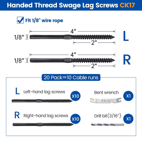 20 Pack Black Cable Railing Lag Screws Kit For Wood Posts With Left And Right Handed Threads For One Eighth Inch Cable Swage Stainless Steel Deck Railing Hardware Includes Drill Bit And Bent Wrench
