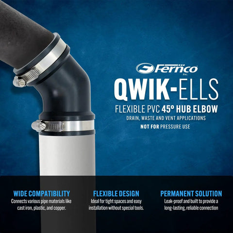 Qwik Ell 2 Inch Hub 45 Degree Flexible PVC DWV Elbow Fitting Connector for Drain Waste Vent Repair and Renovation black 45° elbow