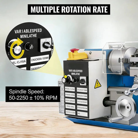 7 Inch Benchtop Metal Lathe Machine With 550W Motor And Up To 2250 Rpm Speed showing variable speed controls and spindle speed details.