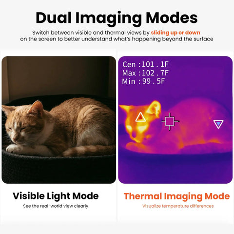 Dual display of a cat using Pocket Sized Thermal Camera With Touchscreen No App Needed 80x60 Infrared Imager For Home Inspection