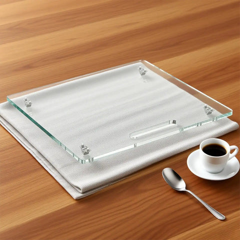 Smooth As Butter Sliding Tray For Coffee Maker With Silent Rubber Wheels Scratch Proof Base, clear glass tray on a cloth.