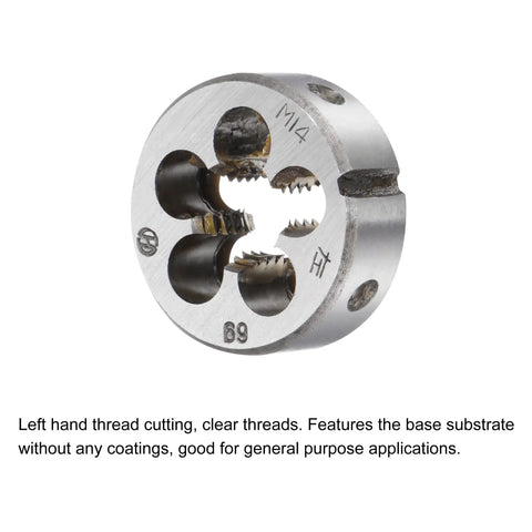M14 X 2 Left Hand Tap And Die Set For Quick Thread Repair And Metalworking with round die and straight flute, close-up view.