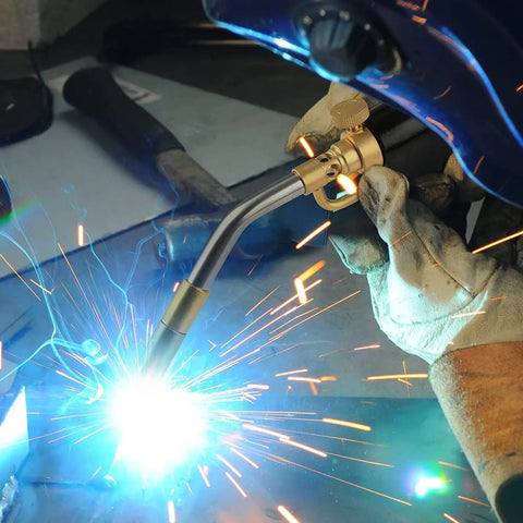 Person using Propane Torch Head With High Intensity Trigger Start And Self Ignition Adjustable Flame And Flame Lock For Welding