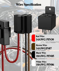 12V Car Electric Fan Relay Kit With 40 Amp Relay wire specifications display with red, brown, black, and white wires labeled by gauge.