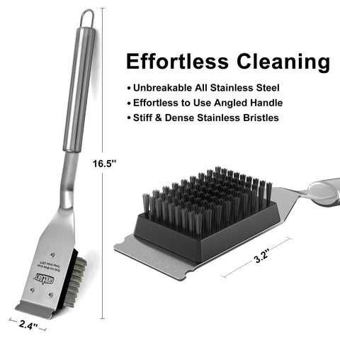 Grill Brush And Scraper With 16.5 Inch Stainless Steel Bristles For Outdoor Grills, close-up of bristles and scraper design