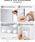 Instructions for installing 14 Bulb Vanity Lighting Kit For Makeup Mirror With Plug In Power Adapter And Touch Dimmer 6000K Cool White Up To 1350 Lumens CRI 90 Mirror Not Included