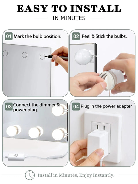 Instructions for installing 14 Bulb Vanity Lighting Kit For Makeup Mirror With Plug In Power Adapter And Touch Dimmer 6000K Cool White Up To 1350 Lumens CRI 90 Mirror Not Included