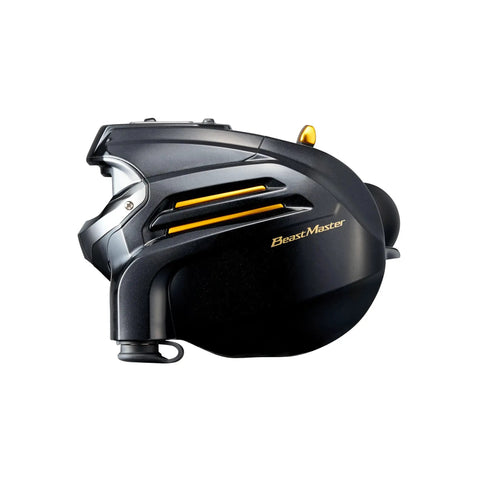 BeastMaster 9000 B Electric Fishing Reel With GigaMax Motor and Heat Free System II in black and yellow, side view