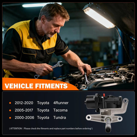 Mechanic installing 4WD Transfer Case Actuator Motor 4x4 Shift Assembly Replacement for SUVs and Trucks.