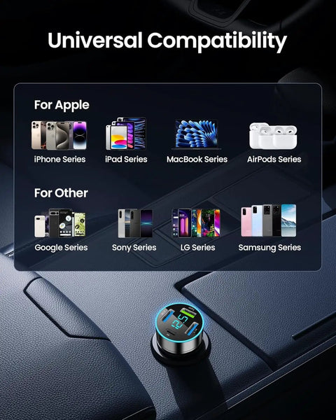 Superfast Eighty Eight Watt Four Port USB C Car Charger With Digital Voltmeter PD QC 3.0 showcasing universal compatibility with various devices.