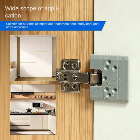 Door Hinge Router Jig With Adjustable Mortise Guide And 2mm Precision Groove installed on wooden cabinet door