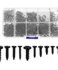 1000-Piece Round Head Self-Tapping Screws Set M1.3 M1.4 M1.5 in plastic box, front view of black screws for electronics and repairs