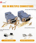 Top Notch 20 AWG Gold Plated DB9 Pins Sockets With Crimp Terminals And Pin Removal Tool For DRK-D Sub Connectors laid out with terminals.