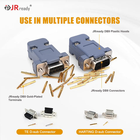 Top Notch 20 AWG Gold Plated DB9 Pins Sockets With Crimp Terminals And Pin Removal Tool For DRK-D Sub Connectors laid out with terminals.