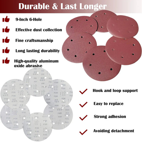 Nine Inch Drywall Sanding Discs Set, 30 Pack With Hook And Loop Backing, Grits 80 100 120 180 240 400, 6 Hole Aluminum Oxide Paper