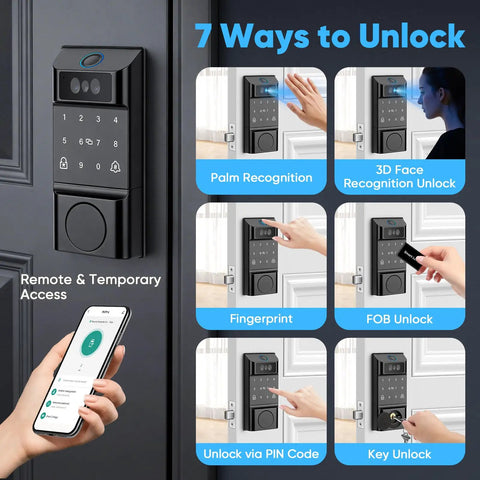 Premium Smart WiFi Door Lock Featuring Rapid Facial Recognition And Palm Vein Fingerprint Scanning For No Sweat Keyless Entry showing seven unlock methods.