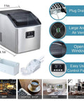 Portable Automatic Countertop Ice Cube Maker Cranks Out Forty Eight Pounds Daily With Quick Ten Minute Rounds Self Clean Design Saves Effort While You Fuel Yard Gatherings Or Super Bowl Watch Parties Silver Trim showing control panel, drain plug, and ice scoop.