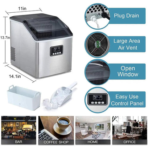 Portable Automatic Countertop Ice Cube Maker Cranks Out Forty Eight Pounds Daily With Quick Ten Minute Rounds Self Clean Design Saves Effort While You Fuel Yard Gatherings Or Super Bowl Watch Parties Silver Trim showing control panel, drain plug, and ice scoop.