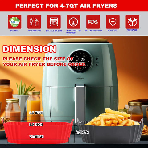 2 Pack 8.5 Inch Square Air Fryer Silicone Liners Reusable Nonstick Heat Resistant Easy Clean Air Fryer Accessories That Fit 4 To 7 Qt Durable Oven Safe Liners So You Can Save Bucks And Cut Waste shown with size dimensions for compatibility with air fryer.