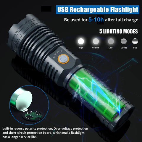 9000 Lumen Rechargeable LED Flashlight Waterproof With 5 Modes Long Battery Life Heavy Duty Aluminum Body Black Design
