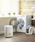 Laundry room with washer, decor, and Easy Fit Portable Dryer Blower Belt Replacement For PAN40SF 60SF And SYD40E 60E kit on shelf.