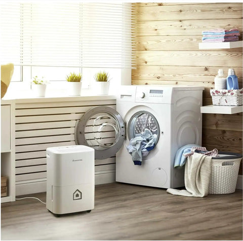 Laundry room with washer, decor, and Easy Fit Portable Dryer Blower Belt Replacement For PAN40SF 60SF And SYD40E 60E kit on shelf.