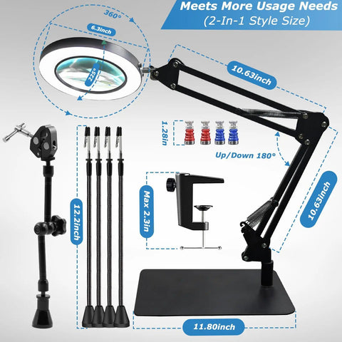 All In One Soldering Station Kit with 10X LED Magnifier Lamp dimensions and components with adjustable holder