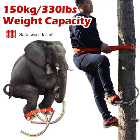 Person using Palm Tree Climbing Gear with adjustable spikes and foot pegs, showcasing 150 kg load on tree, also an elephant image.