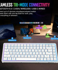 Low-Profile 75 Mechanical Keyboard With Aluminum Frame And Hot-Swappable Switches Features shine-through PBT Keycaps, showcasing tri-mode connectivity.
